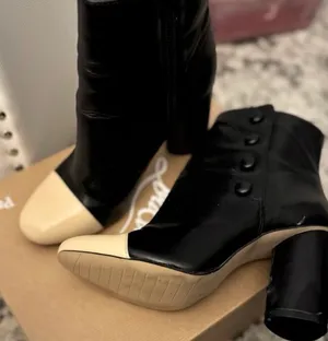 Zara Black High Heeled Ankle Boots with Cream Capped Toe thumbnail 6