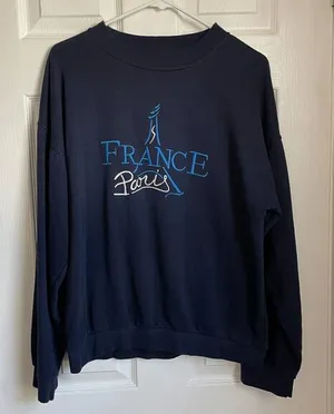Vintage Paris France Embroidered Navy Blue Sweatshirt Eiffel Tower size S/M thumbnail 1