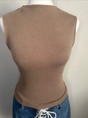Zara Sleeveless Ribbed Cotton Blend Knit Mock Neck Tank Top - Taupe Brown thumbnail 2