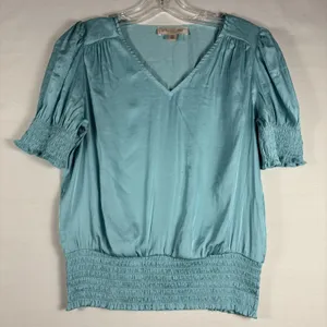 Philosophy women pullover shirt aqua short sleeve vneck gathered light fun Small thumbnail 1