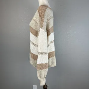 Magnolia Boho V-Neck Pullover Sweater‎ One Size Neutral Beige Ivory Stripe NEW thumbnail 3