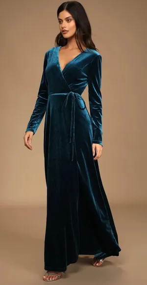 Jacinda Teal Blue Velvet Wrap Maxi Dress thumbnail 2