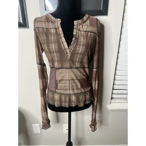 Free People Brown Plaid Mesh V Neck Long Sleeve Medium Tee Lettuce Edge‎ thumbnail 9
