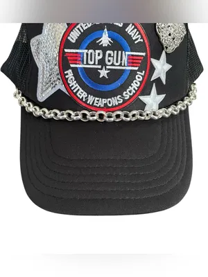 OTTO Top Gun Trucker Hat Black Embellished Chain Rhinestone Patch One Size thumbnail 2