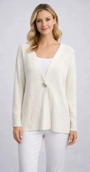 John Paul Richard 100% Acrylic Broach Button White Knit Cardigan Med #763 thumbnail 1