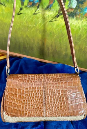 Liz Claiborne VTG 90s Boho Croc Embossed Synthetic Leather & Woven Straw Shoulder Bag thumbnail 14