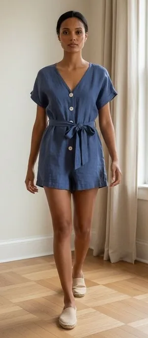 Mango MNG Basics Blue Linen Blend Button Front Romper‎ Tie Waist Women Size 4 S thumbnail 1