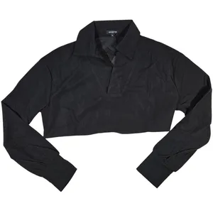 Area Stars Black Waffle Knit Cropped Polo Top Long‎ Sleeve Large ASDJF2338B thumbnail 1