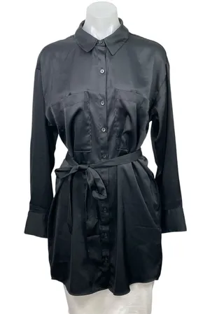 Abercrombie & Fitch Black Satin Long Sleeve Belted Button Down Shirt Dress Sz S thumbnail 1