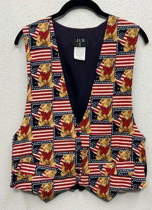 Vintage JLN Vest Womens Large Patriotic Bear Flag Ralph Lauren Look America thumbnail 1