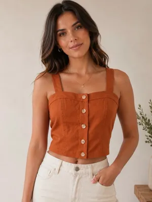 ✨🧡 Banana Republic Rust Linen Blend Button Front Crop Top Size‎ 2 Coastal 🧡✨ thumbnail 1