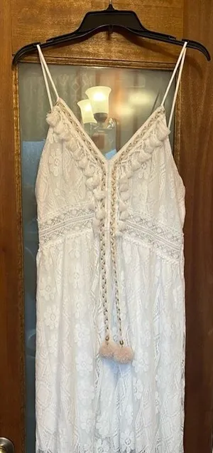 Cupshe White Lined Boho Hippie Bridal Beach Hi Low Spaghetti Strap Dress NWT XL thumbnail 1
