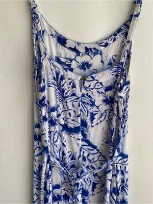 Caribbean blue white tropical Hawaiian print spaghetti strap maxi sun dress thumbnail 6