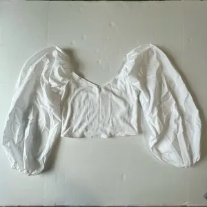 Abercrombie & fitch mixed media poplin puff long sleeve ribbed body crop top thumbnail 1