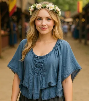 NEW Grass Collection Blue Renaissance Milk Maid Ethereal Fairy Flowy‎ Blouse L thumbnail 1