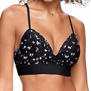 PINK Victoria's Secret Bralette Women Small Black Purple‎ Lace Floral Racerback thumbnail 1
