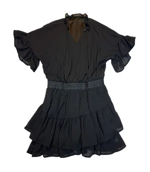 Womens Black Ruffle Tiered Mini Dress V-Neck Smocked Waist Flutter Sleeve Large thumbnail 1
