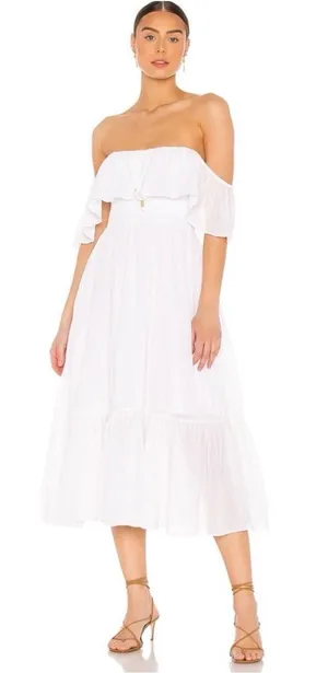 MAJORELLE White Selvaggia Midi Dress Tiered Ruffle Off The Shoulder Size Medium thumbnail 1