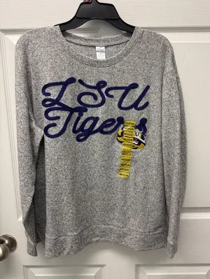 LSU Tigers Gray Crewneck Sweatshirt with purple Script thumbnail 1