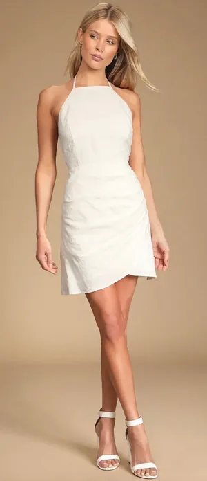 Lulus Fair Skies White Jacquard Cotton Linen Tie-Back Halter Tulip Mini Dress thumbnail 1
