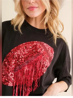 $60 NWOT Blue B. Black & Red Sequin Fringe Football Cropped T-Shirt L thumbnail 5