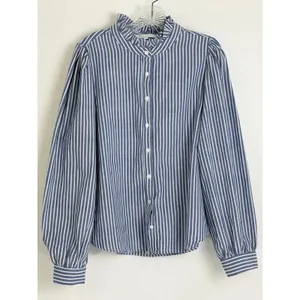 Sugarlips Button Down Shirt Blue White Striped Ruffle Neck Puff Sleeve Large thumbnail 3