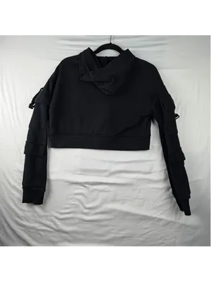 Qinsen Cropped Zip Up Hoodie XS Black Cargo Sleeve Utility Jacket Y2K Streetwear thumbnail 2
