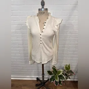 Anthropologie Pilcro Cream Ruffle-Shoulder Henley Long-Sleeve Top thumbnail 3