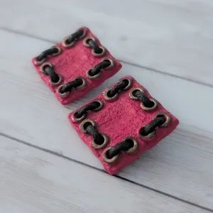 Vintage Clip On Earrings Large Statement Pink Square with Dark Brown Cord thumbnail 3