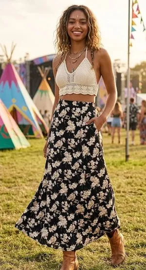Vintage Maurice’s Black Yellow Floral Maxi Skirt Womens 4 Casual Fall Peasant thumbnail 1