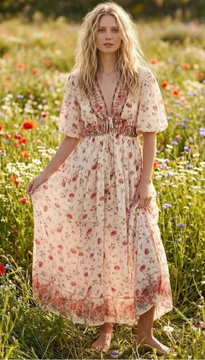 Free People Dainty Ethereal Cottage Floral Lysette Maxi Dress Medium Bohemian thumbnail 1