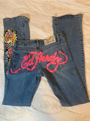 Vintage Ed Hardy Denim Bootcut Jeans Hot Pink Logo & Embroidery Ladies Sz 24 thumbnail 2