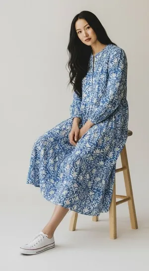 Madison Mathews Blue Floral Folly Midi Maxi Dress Sz. L thumbnail 1