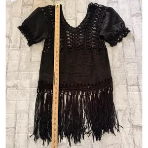 Black Crochet Open Work Yoke Fringe Tassel Hem Boho Witchy Festival Tunic Top thumbnail 7
