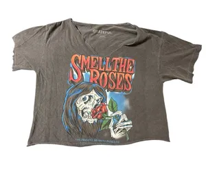 Grateful Dead Smell The Roses Gray Crop Top T-Shirt Women's Large Skull Band Tee thumbnail 1