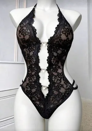 Women's Sexy Lace Teddy Bodysuit S Black Sheer Cutout Heart Rhinestone NWT thumbnail 1