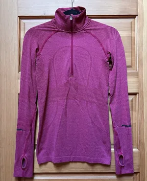 Lululemon Womens 4 Run Swiftly Tech 1/2 Zip Pullover Striped Bumble Berry FLAWED thumbnail 1