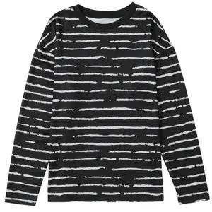 NEW Black Long Sleeve Casual Crewneck Top with White Abstract Stripes thumbnail 7