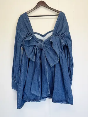 ASOS Luxe Curve Denim Baby Doll Long Sleeve Mini Dress with Bow Back Blue 16 thumbnail 8