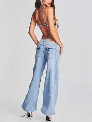 Retrofete Women’s Giselli Low Rise Ruched Wide Leg Jeans Vintage Celeste Wash 27 thumbnail 5