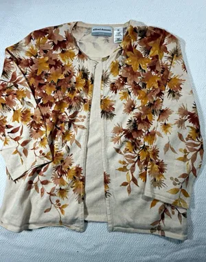 Alfred Dunner Knit Cardigan Sweater Floral Beige Brown Beaded Open PS thumbnail 1