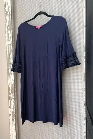 Lilly Pulitzer Ophelia Dress True Navy Flutter Bell Crochet‎ Lace Sleeve Women L thumbnail 1