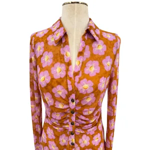 Free People Lucky Shirt Mesh Floral Ruched Button Front‎ Coffee Combo Medium thumbnail 4