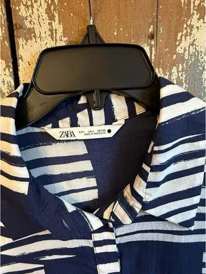 ZARA Blue & White Striped maxi Tiered Button-Up shirt Dress large thumbnail 4