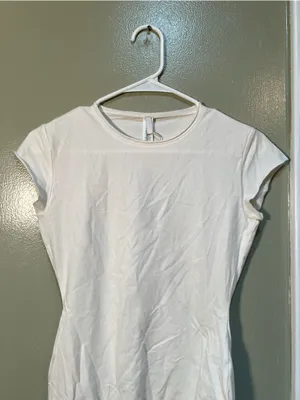 Skims Women's Size Medium Cotton Jersey Raw Edge T-Shirt Bodysuit Marble White thumbnail 5