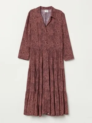 Morris & Co x H&M 6 William Morris Floral Tiered Midi Shirt Dress Burgundy Fall thumbnail 7
