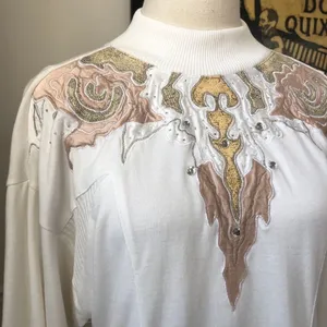 Vintage 80s 90s Mock Neck Appliqué Bling Top L thumbnail 3