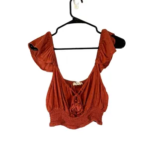 Live To Be Spoiled Rust Ruffled Tassel Tie Front Boho Crop Top Women Sz XL thumbnail 7