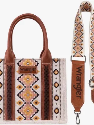 Wrangler Pink, Brown & Cream Geometric Embroidered Tote with Detachable Strap thumbnail 1