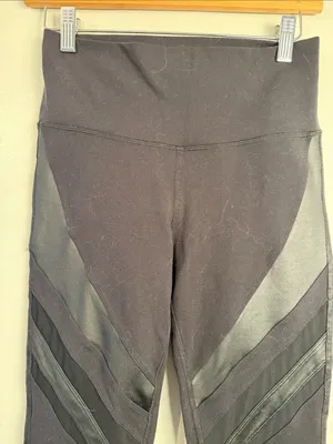 Alo Leggings Long Black Net Trim Inserts Diagonal Design Satin Strips thumbnail 3